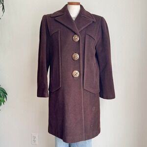 Vintage Chocolate Brown 100% Wool Overcoat Unique Buttons